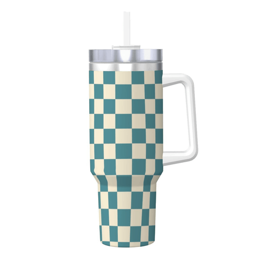 Checkered patterned tumbler with handle on a white background