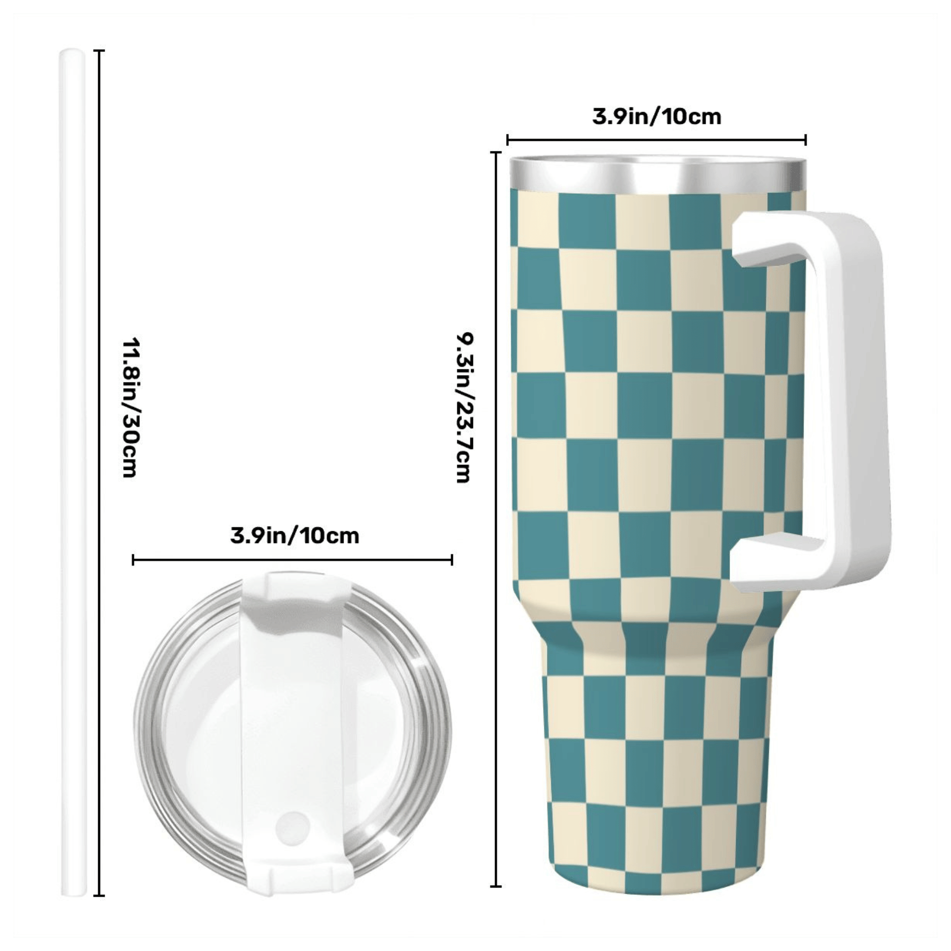 Checkered patterned tumbler with measurements on a white background