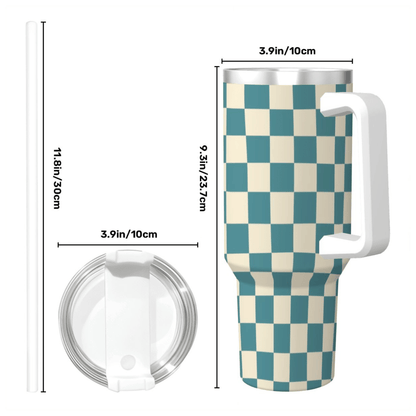 Checkered patterned tumbler with measurements on a white background