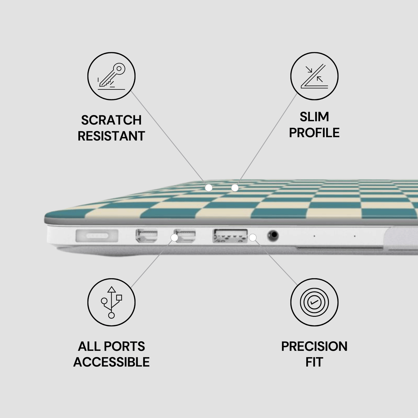 Laptop case with checkered design and features labeled on a light gray background