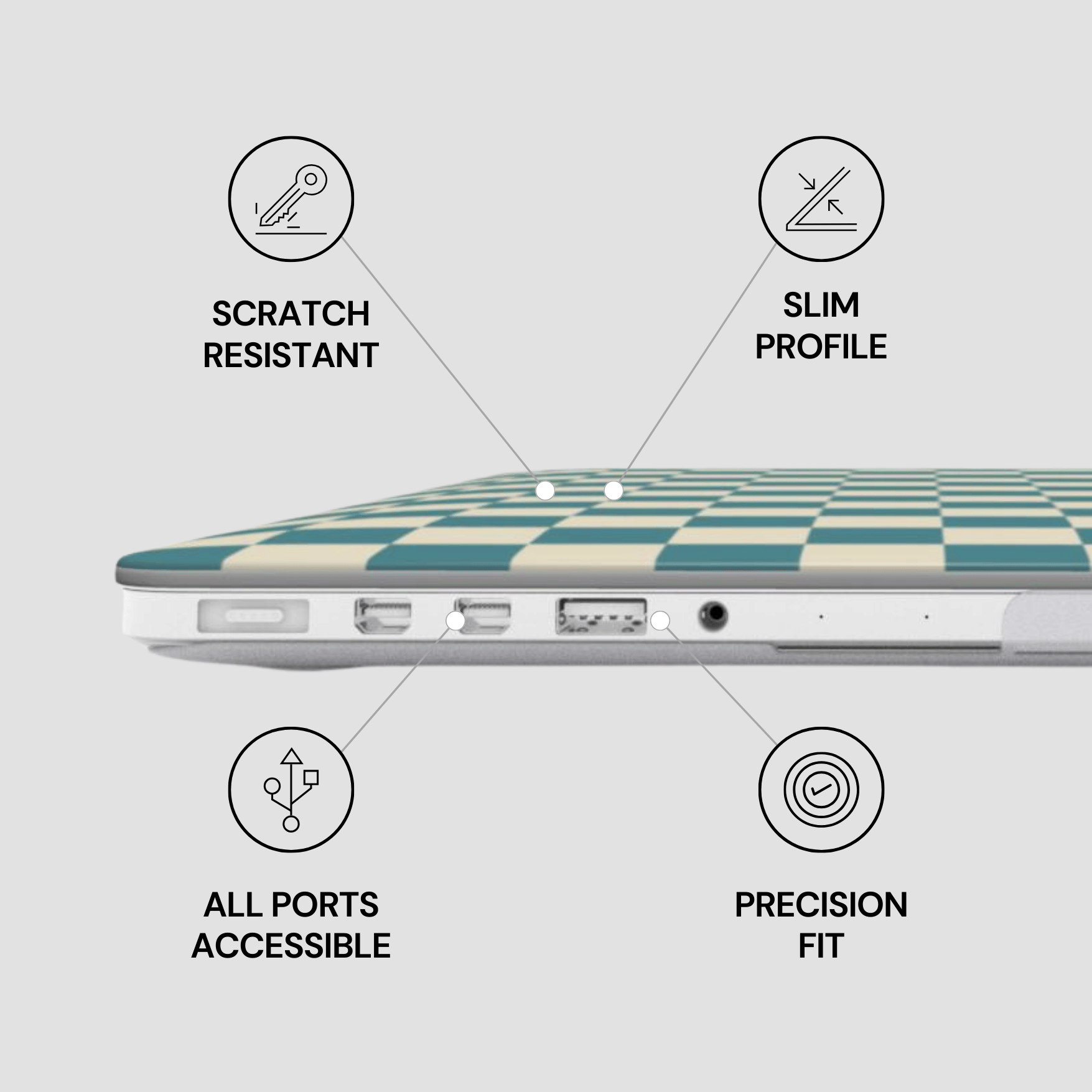 Laptop case with checkered design and features labeled on a light gray background