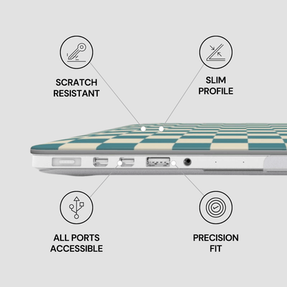 Laptop case with checkered design and features labeled on a light gray background