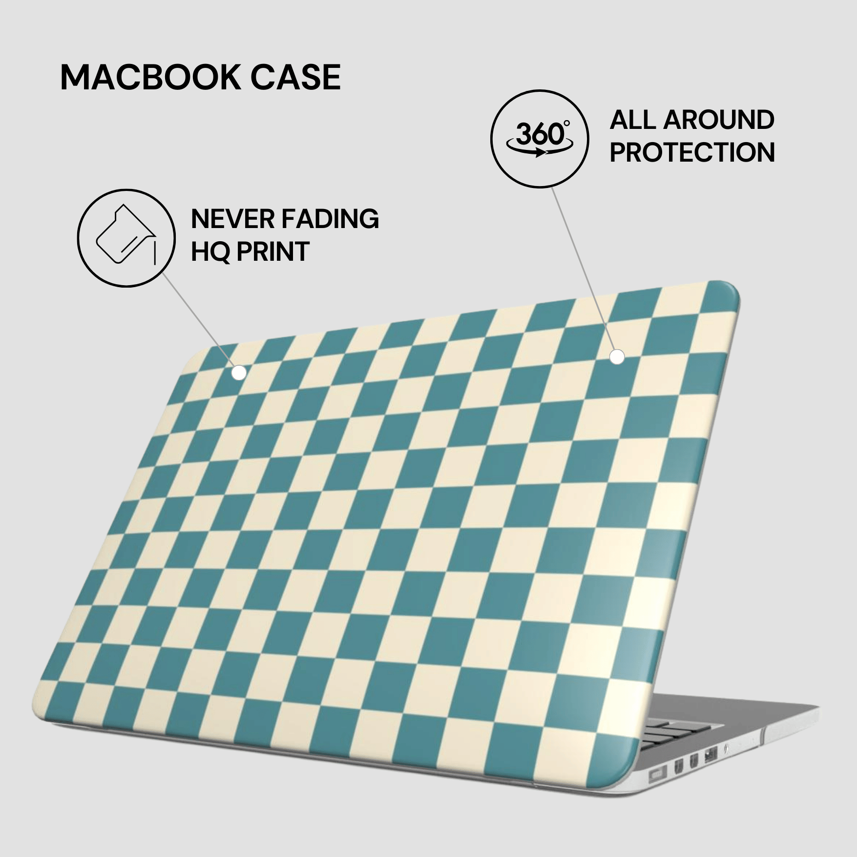 Checkered MacBook case with features highlighted on a light gray background