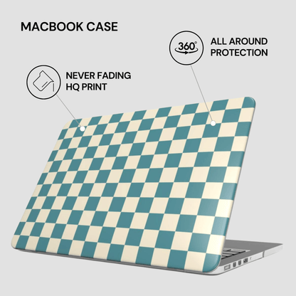 Checkered MacBook case with features highlighted on a light gray background