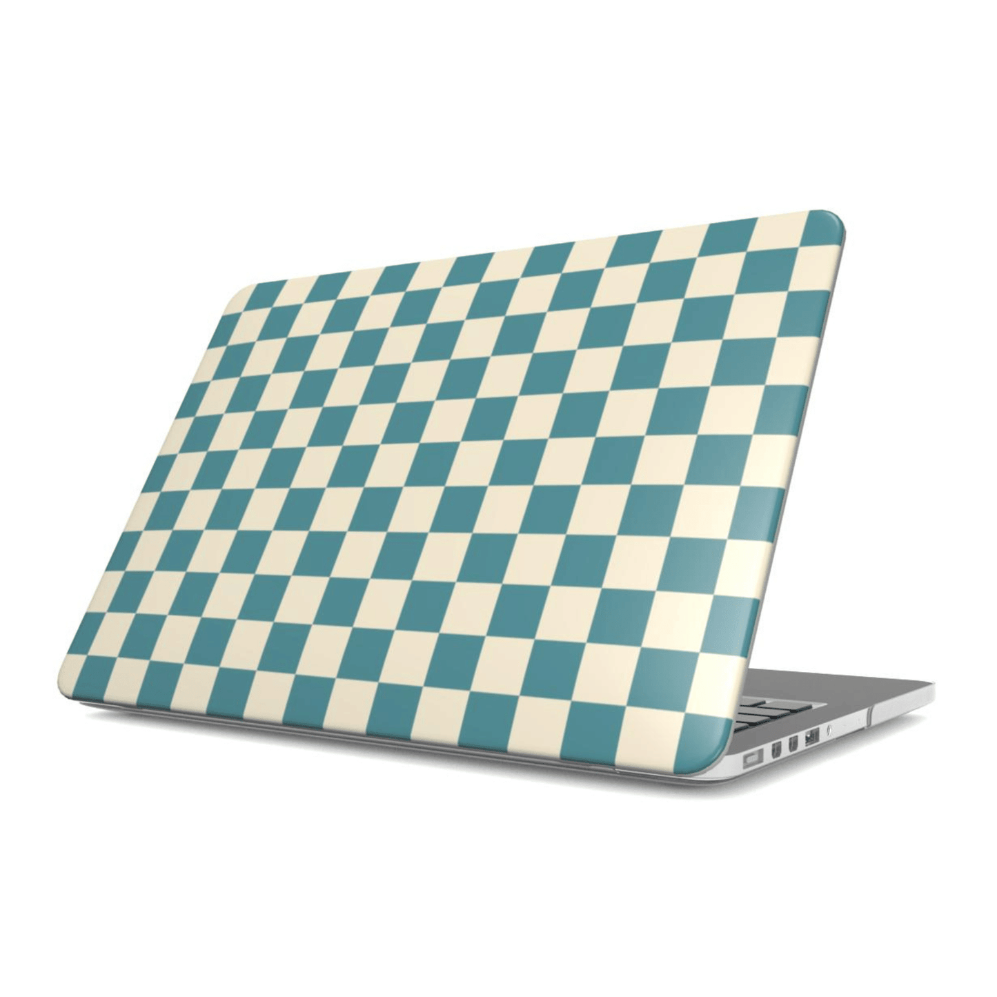 Laptop with a blue and white checkered pattern on a white background