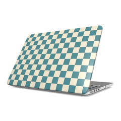 Laptop with a blue and white checkered pattern on a white background