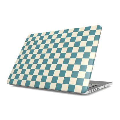 Laptop with a blue and white checkered pattern on a white background