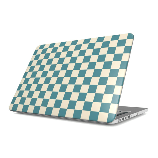 Laptop with a blue and white checkered pattern on a white background
