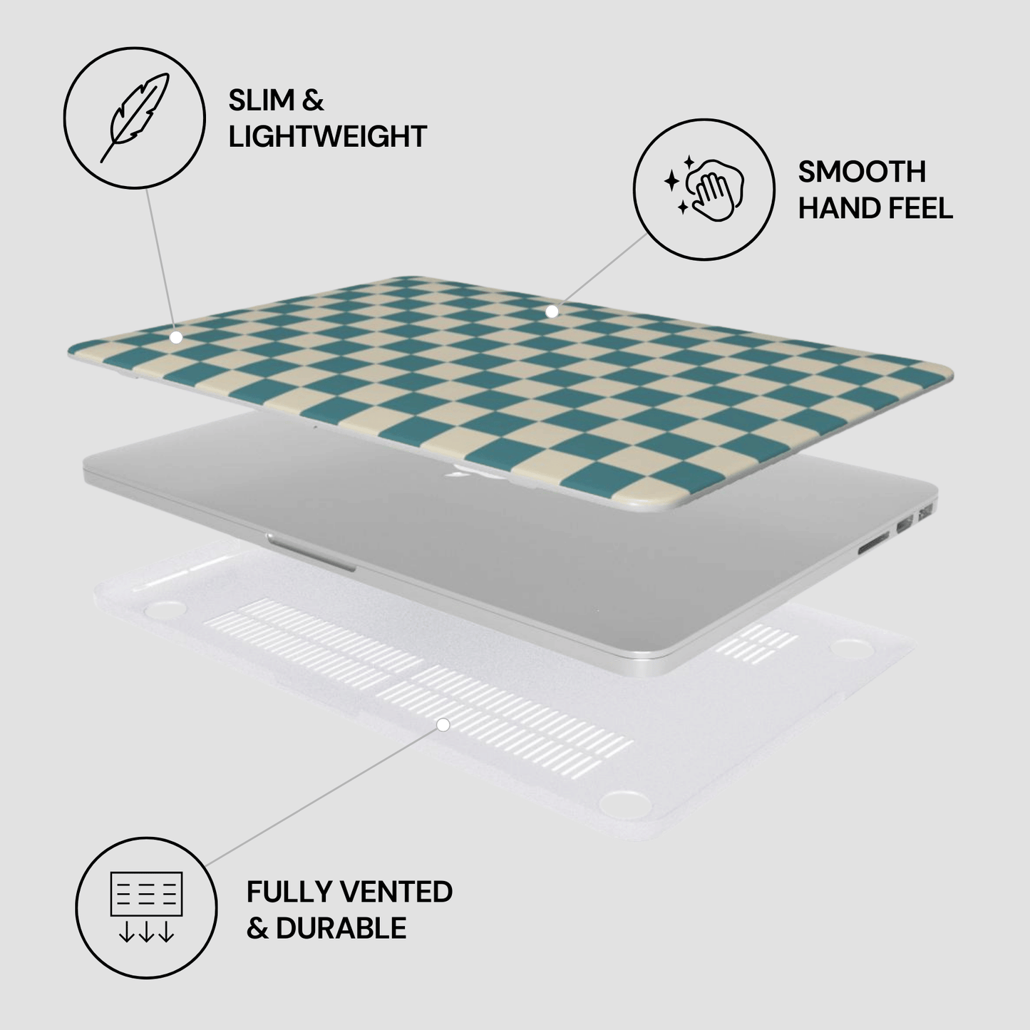 Laptop with a checkered design on a light gray background, featuring text labels about the product's features.