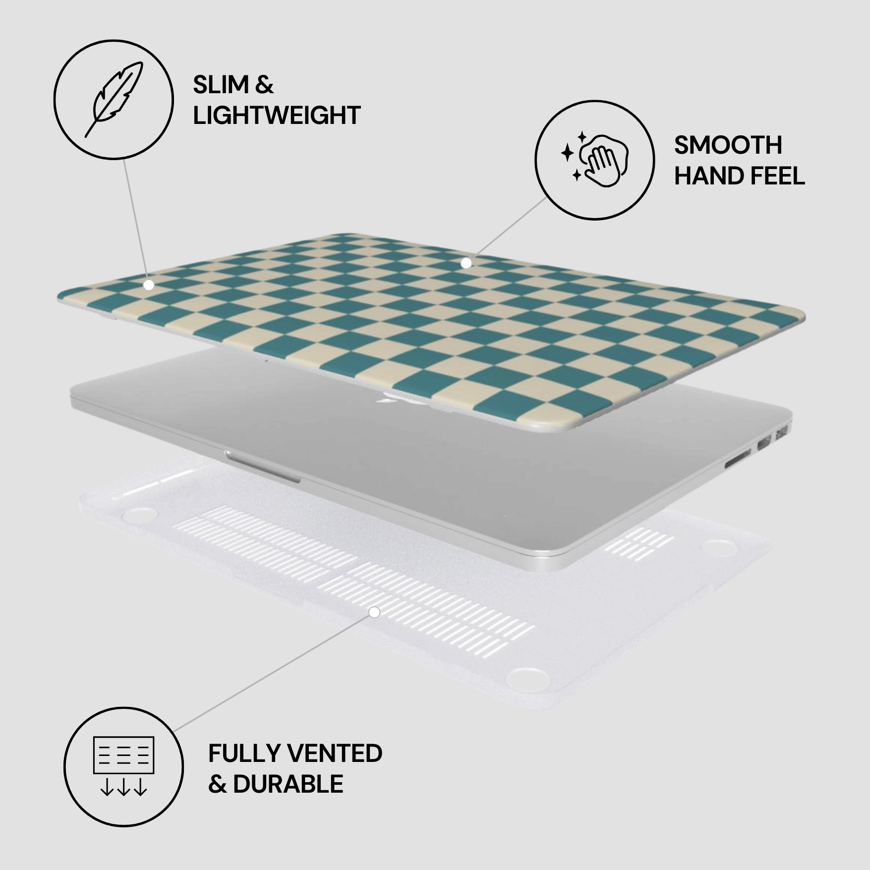 Laptop with a checkered design on a light gray background, featuring text labels about the product's features.