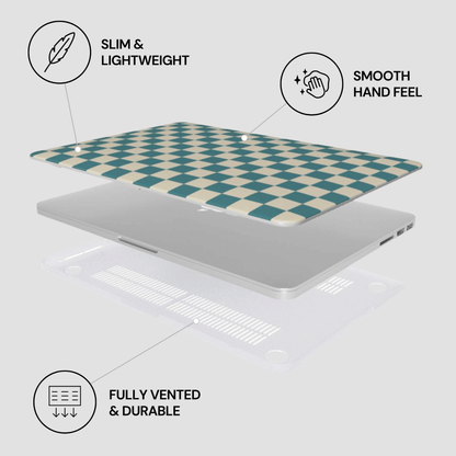 Laptop with a checkered design on a light gray background, featuring text labels about the product's features.