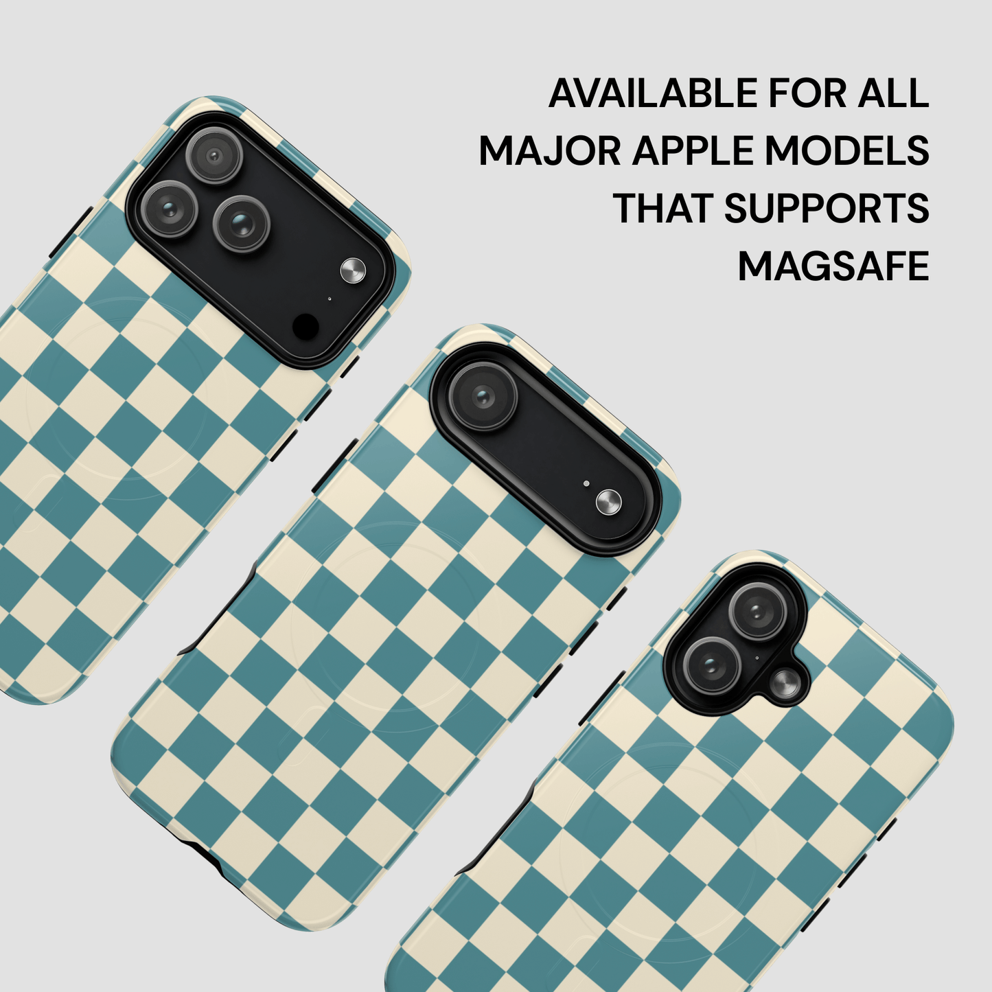 Checkered phone case with text about compatibility on a light gray background