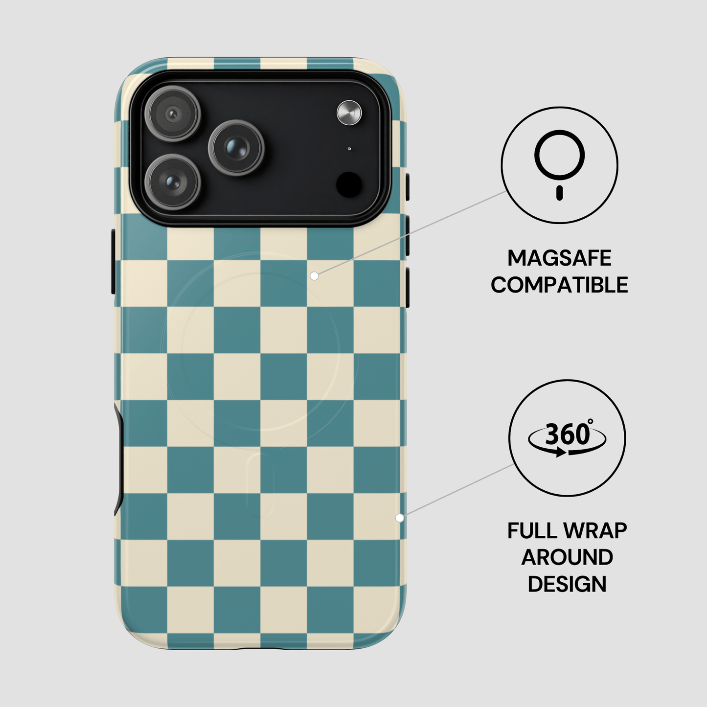Checkered phone case with Magsafe compatibility and 360-degree design on a light gray background