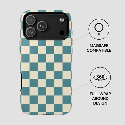 Checkered phone case with Magsafe compatibility and 360-degree design on a light gray background