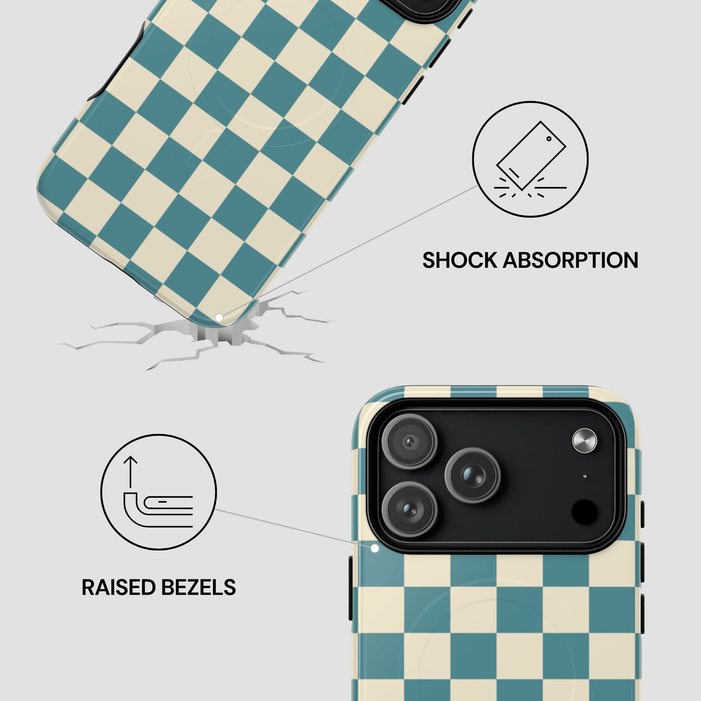 Checkered phone case with shock absorption and raised bezels features on a light gray background