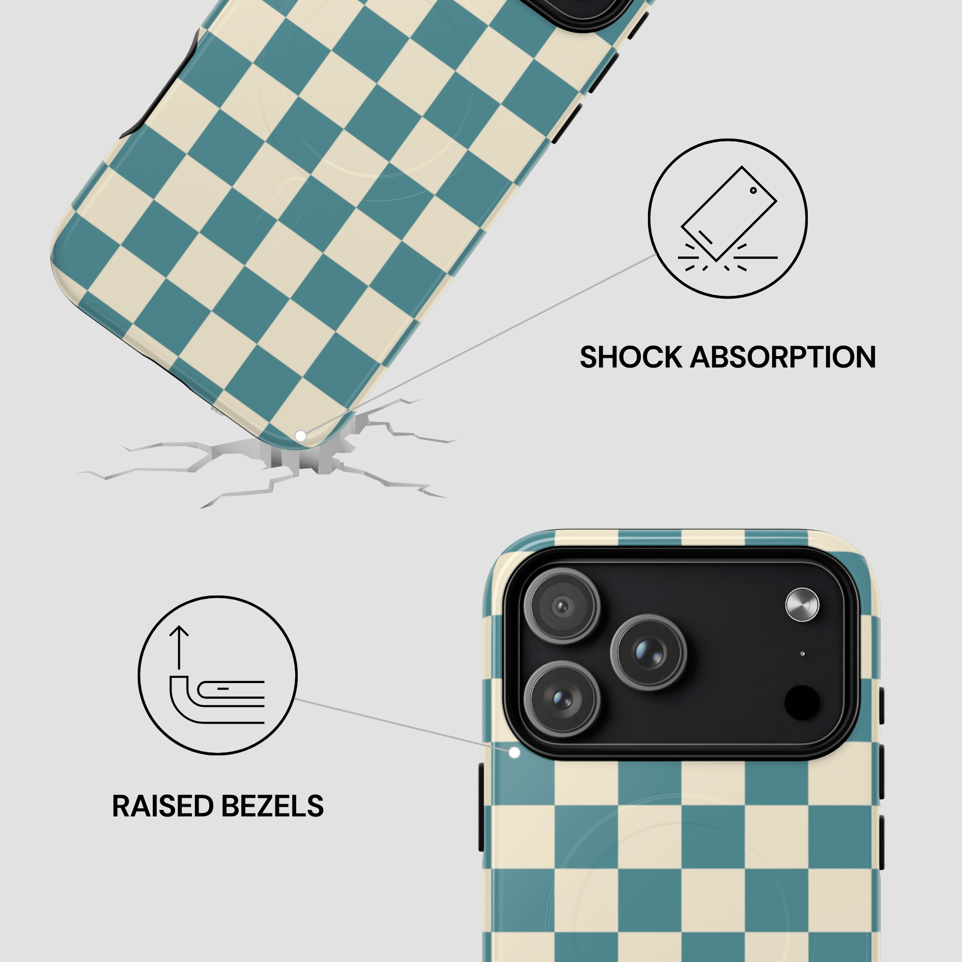 Checkered phone case with shock absorption and raised bezels features on a light gray background