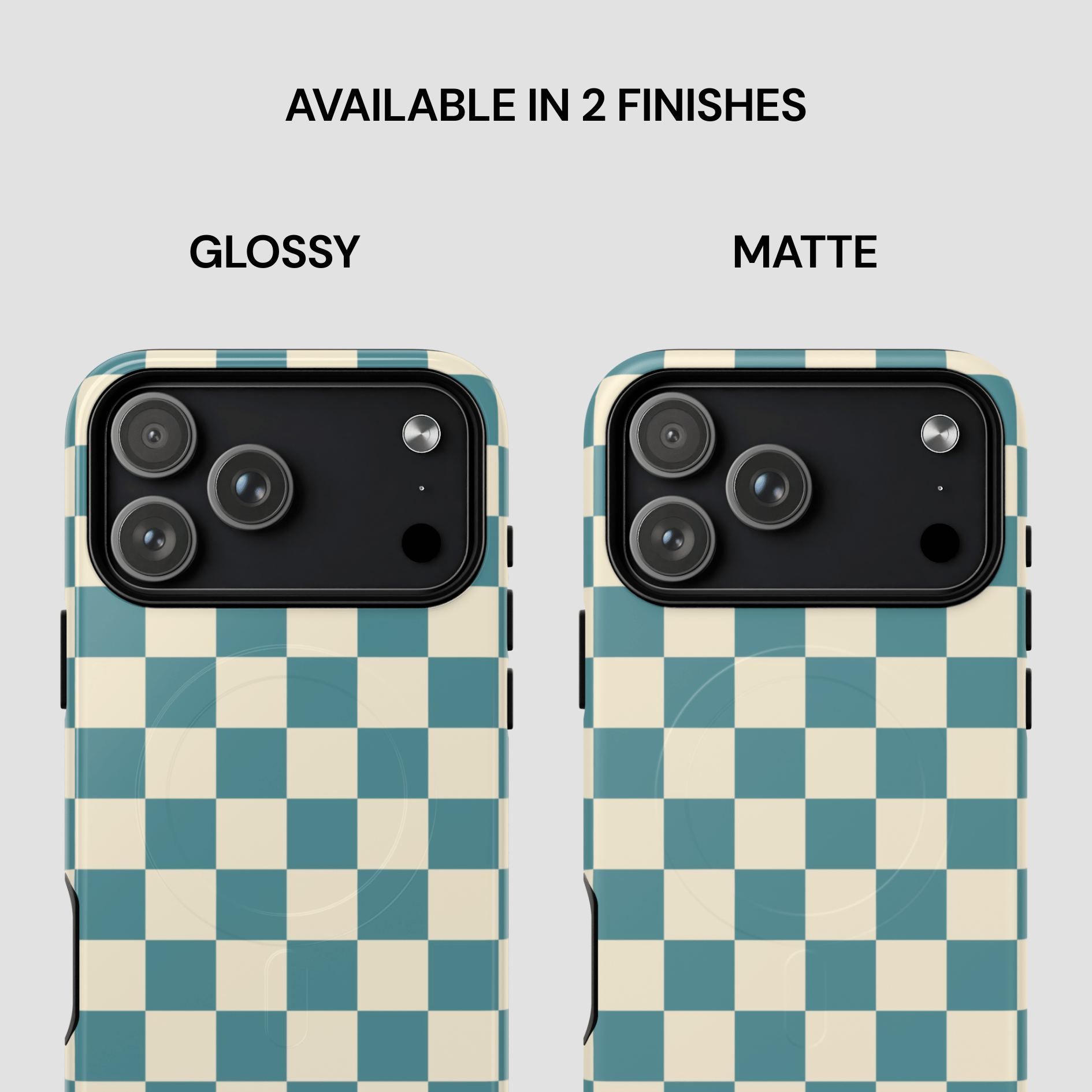 Checkered phone case with glossy and matte finishes on a gray background