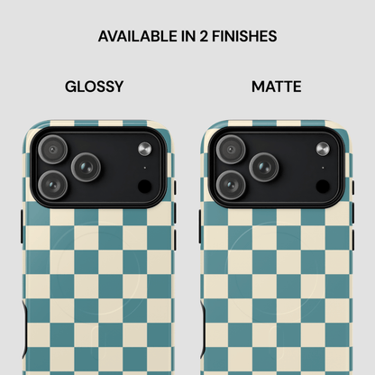 Checkered phone case with glossy and matte finishes on a gray background