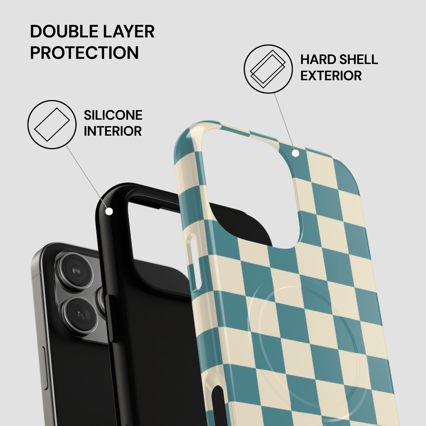 Checkered phone case with hard shell exterior and silicone interior on a gray background