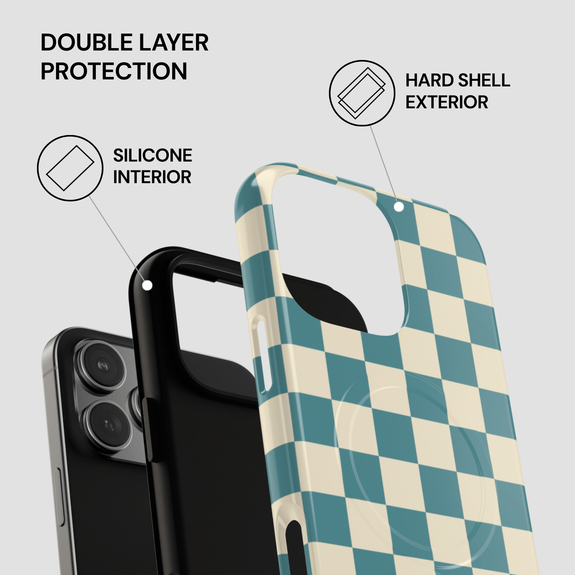 Checkered phone case with hard shell exterior and silicone interior on a gray background