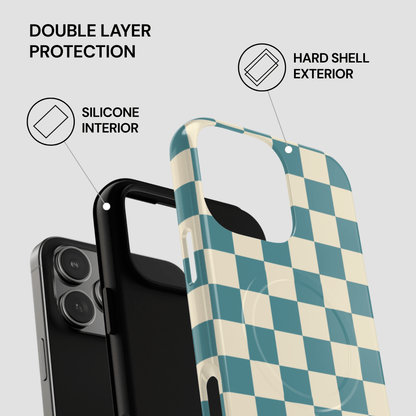 Checkered phone case with hard shell exterior and silicone interior on a gray background