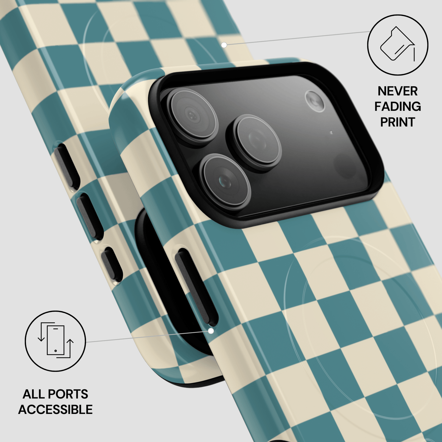 Checkered phone case with text indicating 'Never Fading Print' and 'All Ports Accessible'.