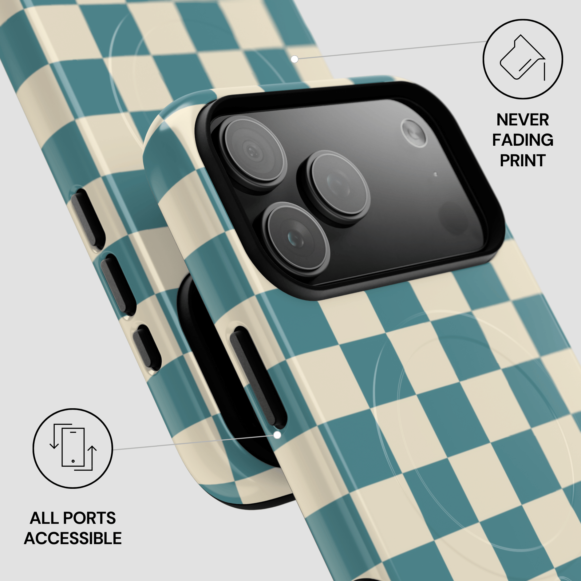 Checkered phone case with text indicating 'Never Fading Print' and 'All Ports Accessible'.