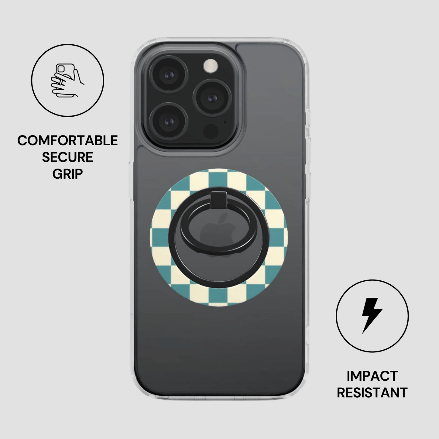 Phone case with checkered design and ring holder on a gray background