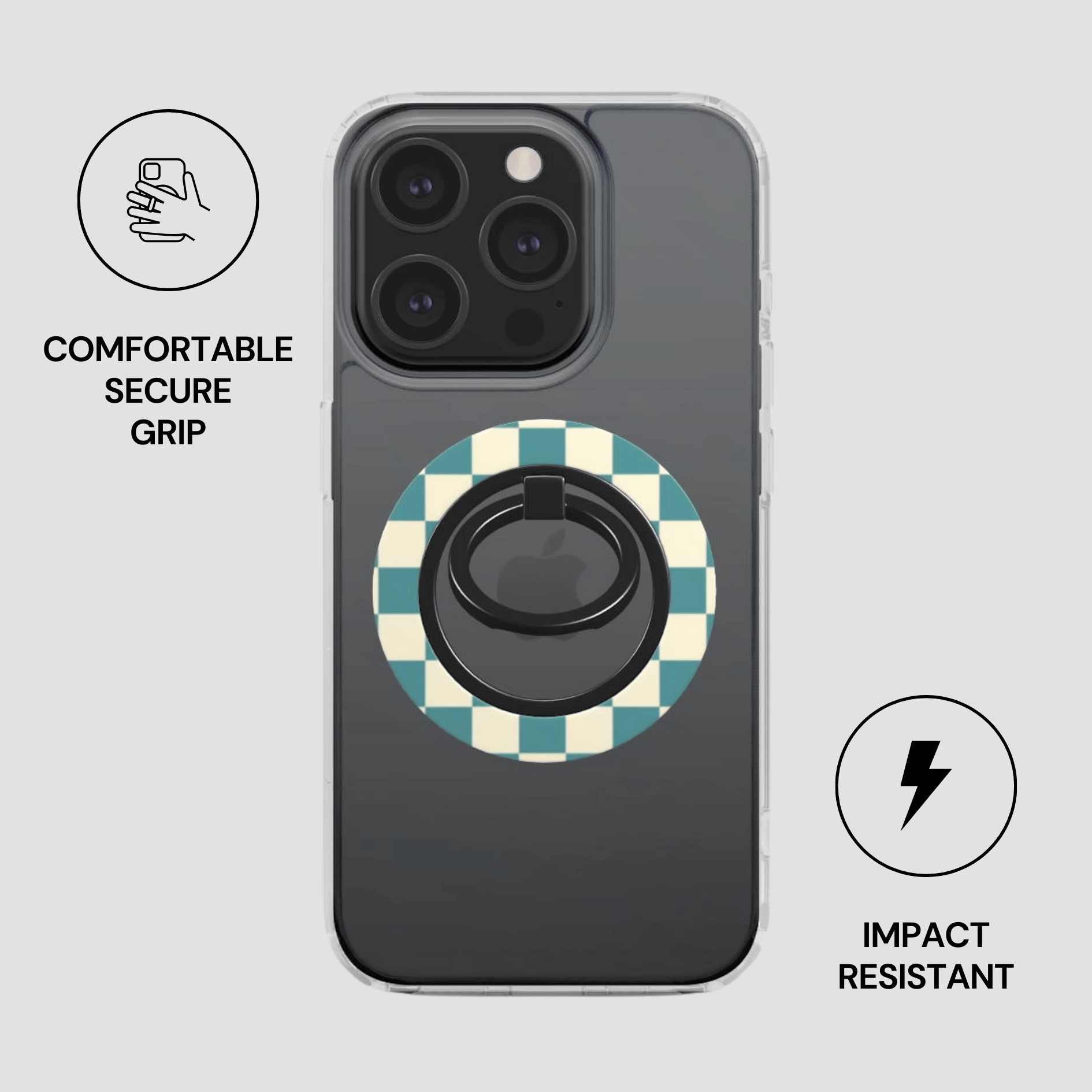 Phone case with checkered design and ring holder on a gray background