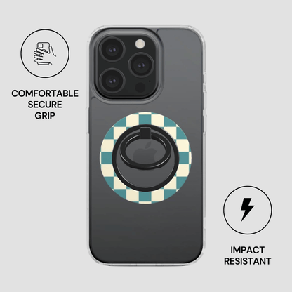 Phone case with checkered design and ring holder on a gray background
