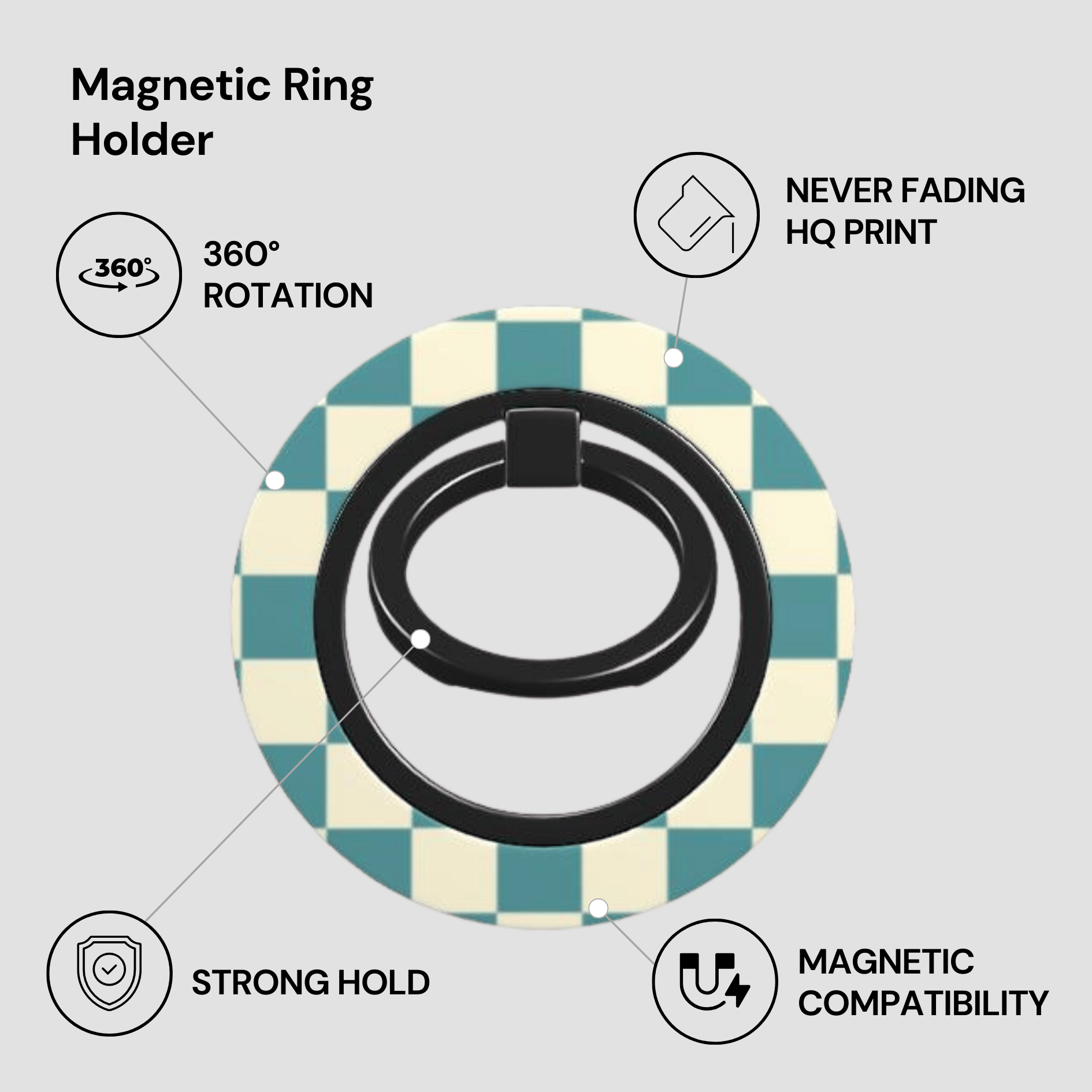 Magnetic ring holder with features listed on a gray background