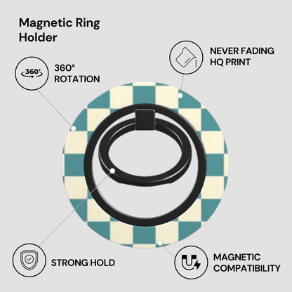 Magnetic ring holder with features listed on a gray background