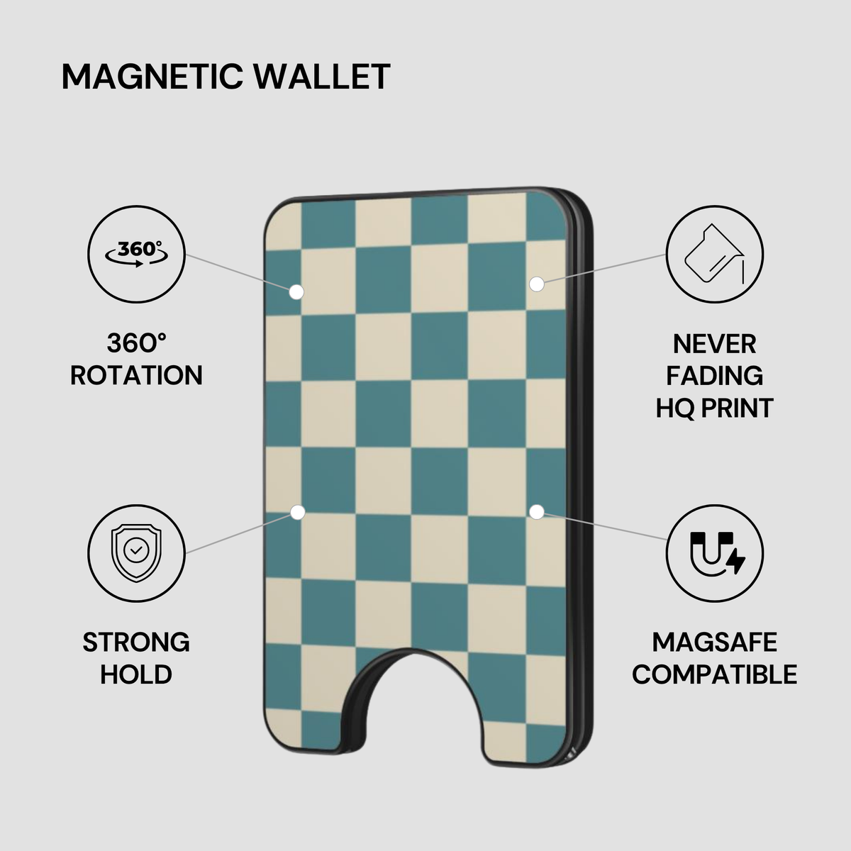 Harbor Check Magnetic Wallet with feature callouts including strong hold, MagSafe compatible, and HQ print