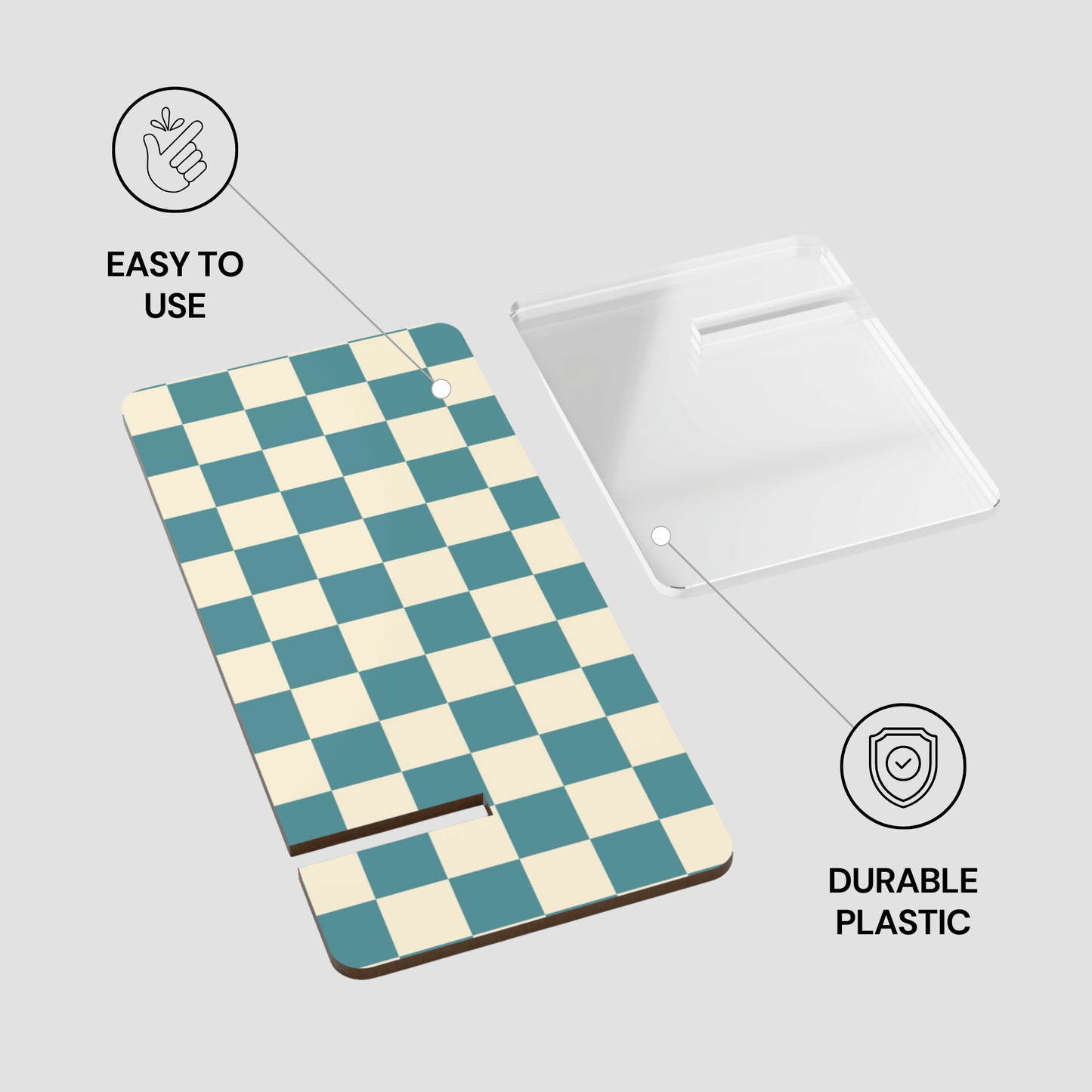 Checkered mat with text 'Easy to use' and 'Durable plastic' on a light gray background