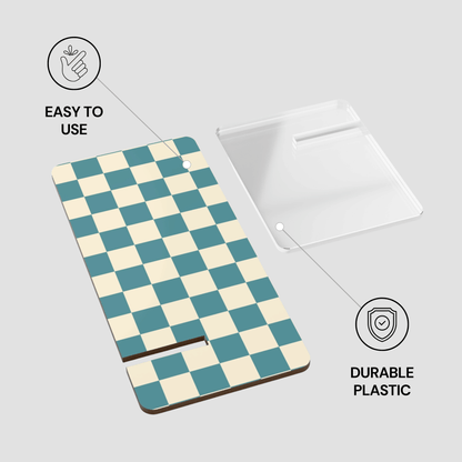 Checkered mat with text 'Easy to use' and 'Durable plastic' on a light gray background