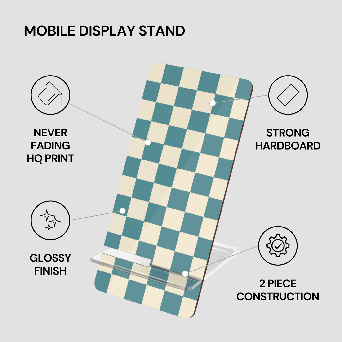Checkered mobile display stand with features listed on a gray background