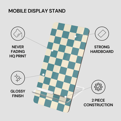 Checkered mobile display stand with features listed on a gray background