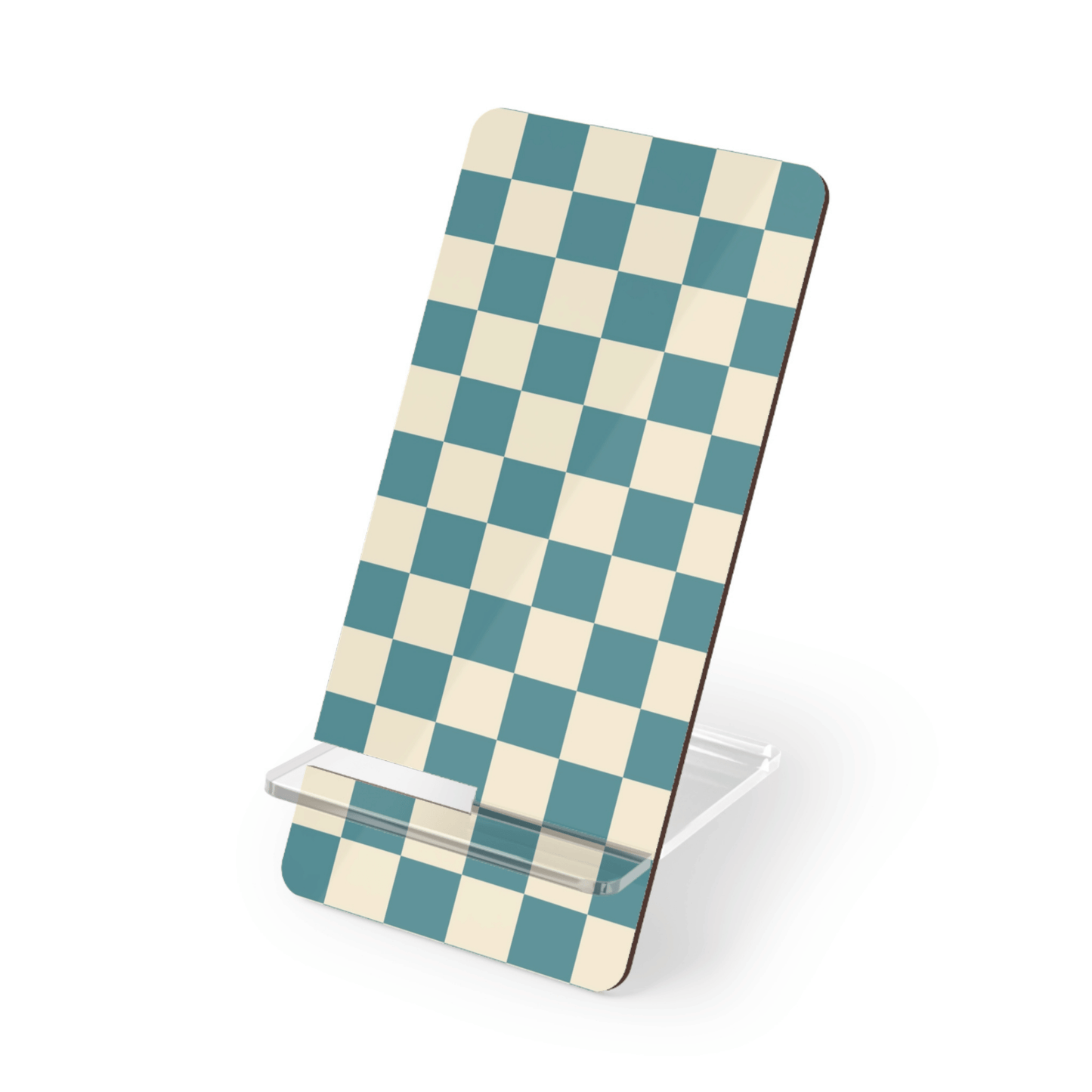 Checkered phone stand with blue and beige pattern on a white background