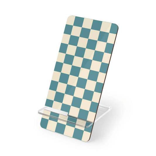 Checkered phone stand with blue and beige pattern on a white background