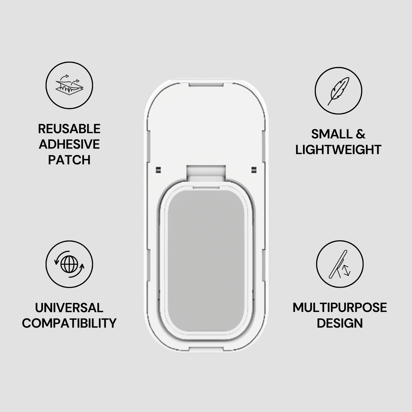 Reusable adhesive patch with features listed on a gray background