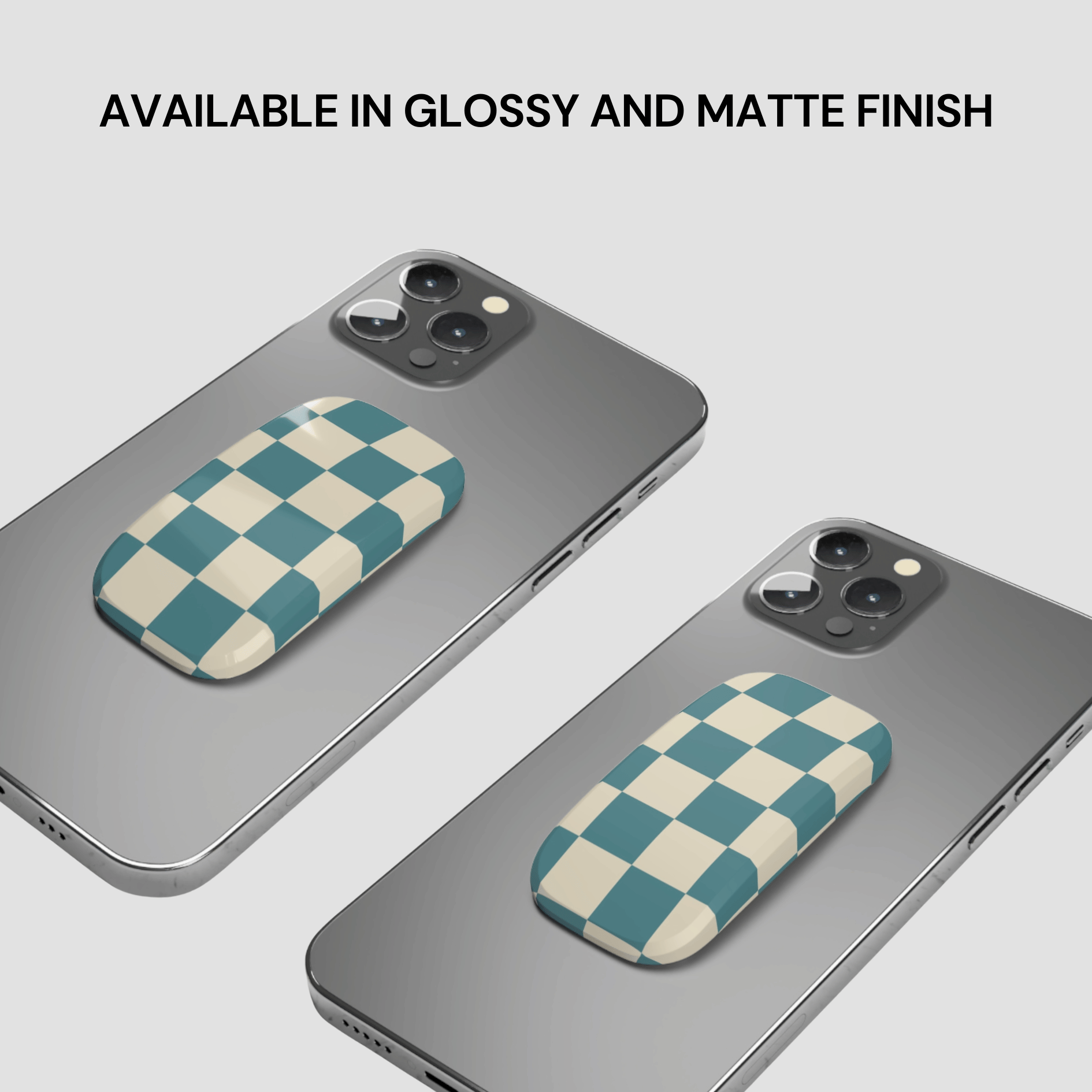 Two phone cases with checkered pattern on a gray background, text indicating finish options.