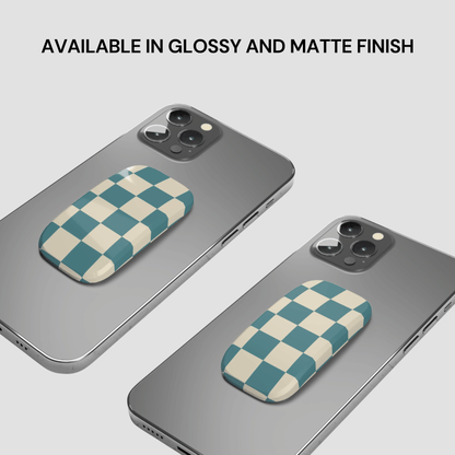 Two phone cases with checkered pattern on a gray background, text indicating finish options.