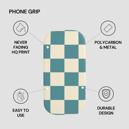 Checkered phone grip with features listed on a gray background