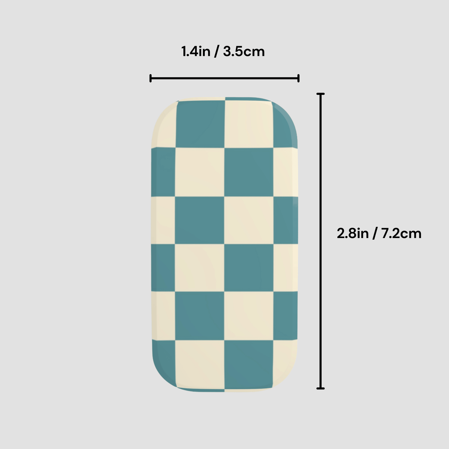 Checkered patterned product with dimensions on a light gray background