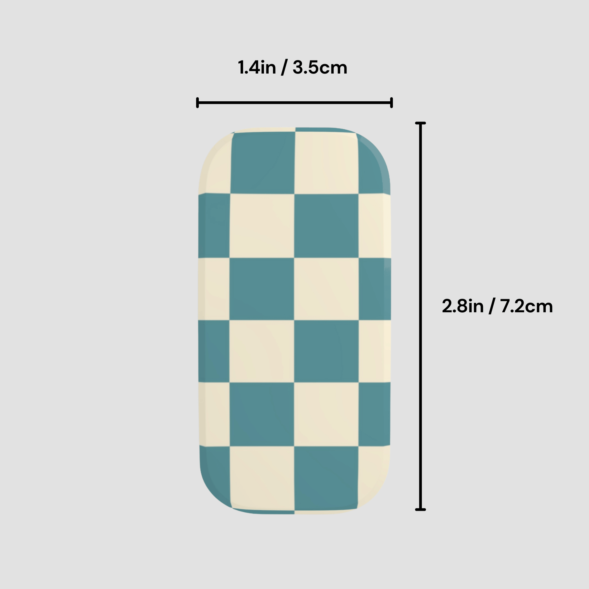 Checkered patterned product with dimensions on a light gray background