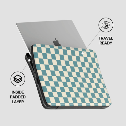 Checkered laptop sleeve with Apple logo on a gray background