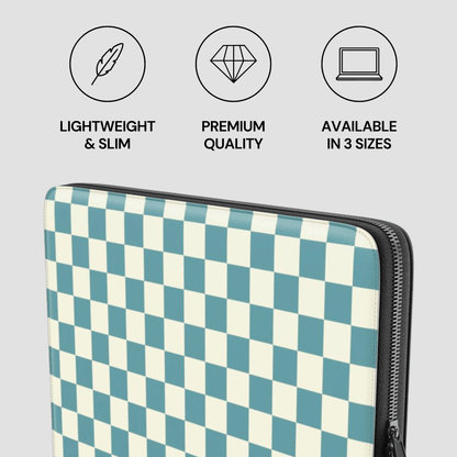 Checkered laptop sleeve with icons and text on a gray background