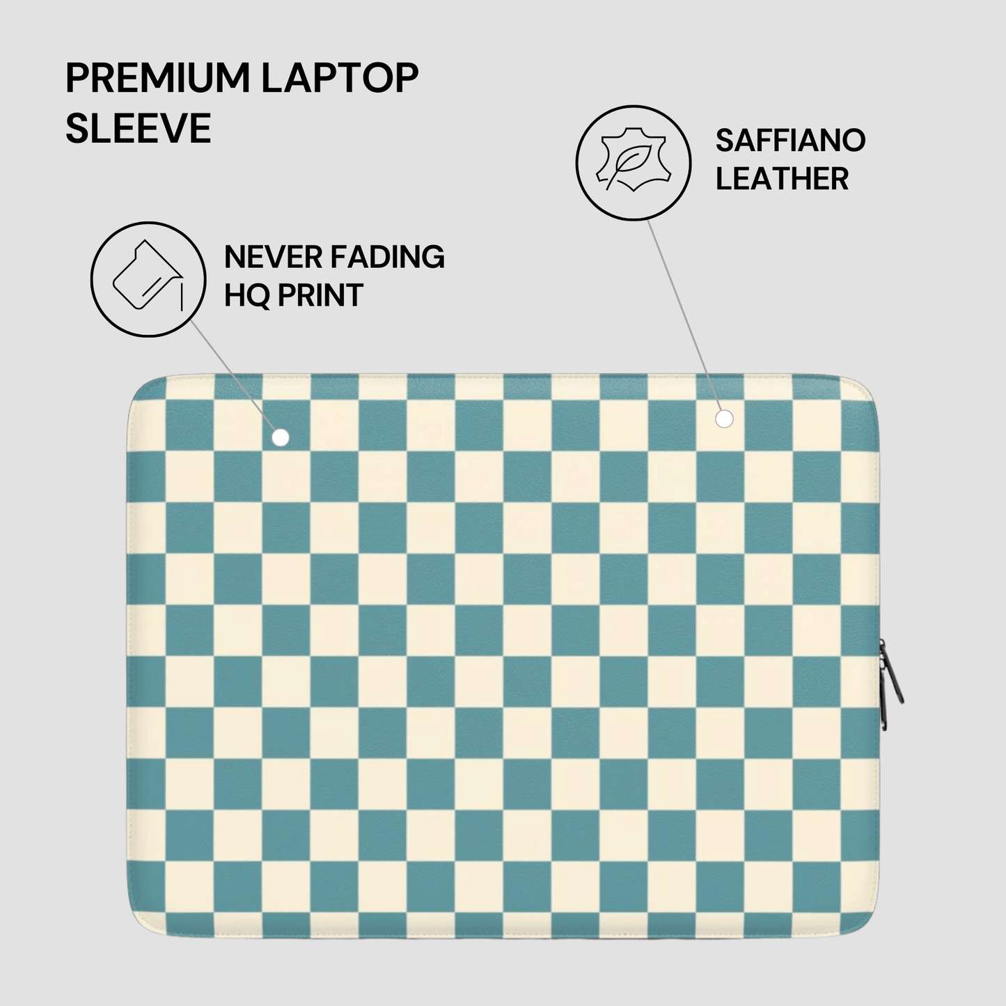 Checkered laptop sleeve with text highlighting features on a light gray background