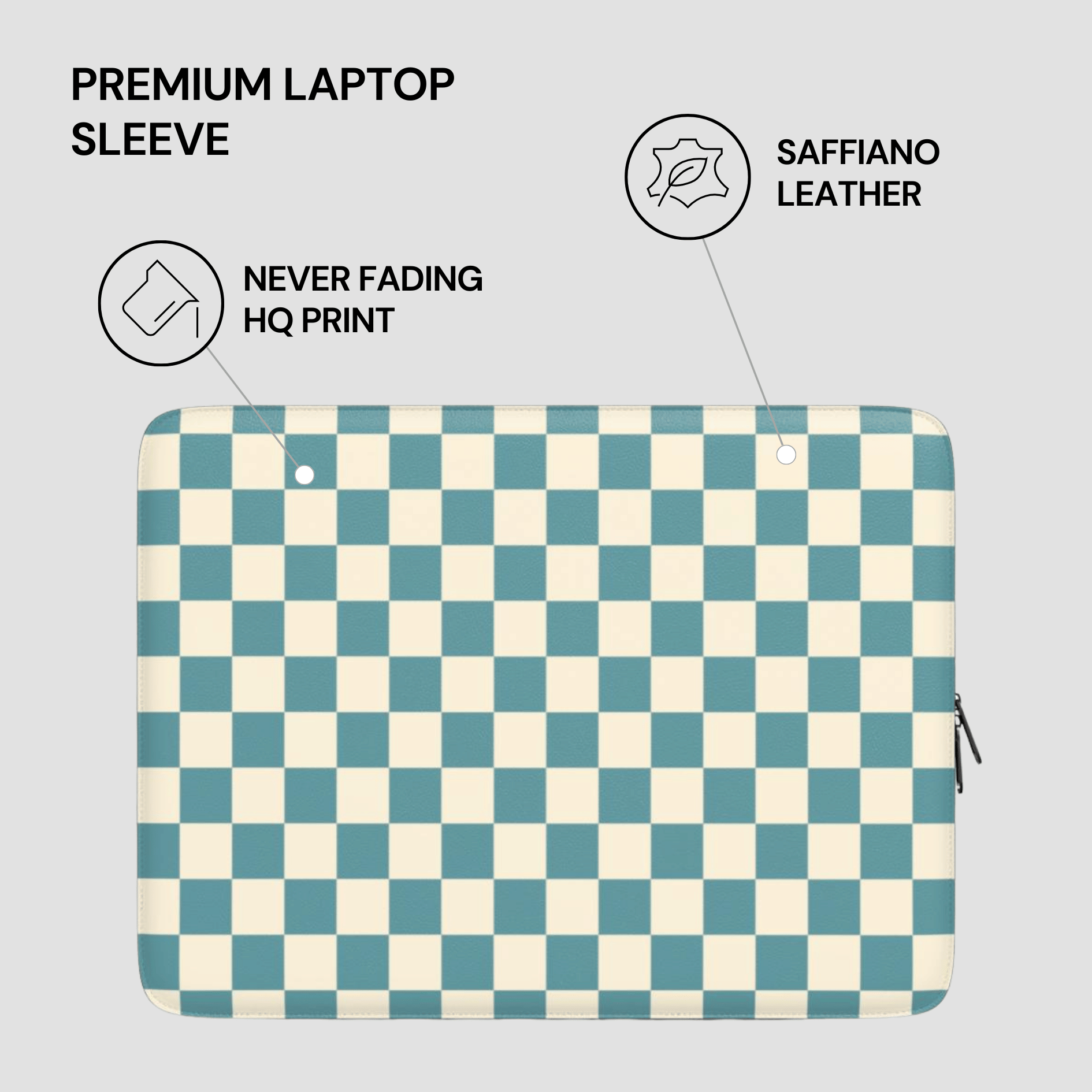 Checkered laptop sleeve with text highlighting features on a light gray background