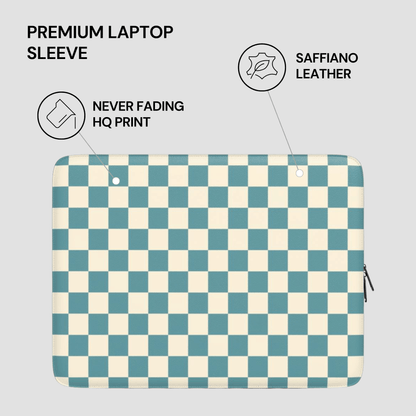 Checkered laptop sleeve with text highlighting features on a light gray background